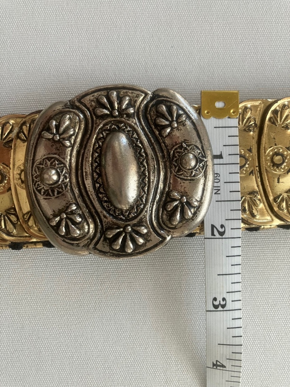 Boho STRETCH CONCHO STYLE BELT L/XL Ornate Metal Plates Lg Decorative Buckle - Picture 7 of 8